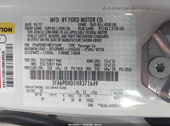 3FA6P0HD1HR371649 2017 FORD FUSION White Engine compartment view