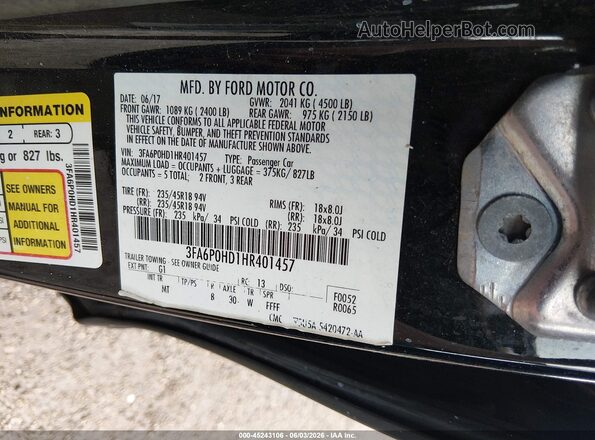 3FA6P0HD1HR401457 2017 FORD FUSION Черный Вид подкапотного пространства