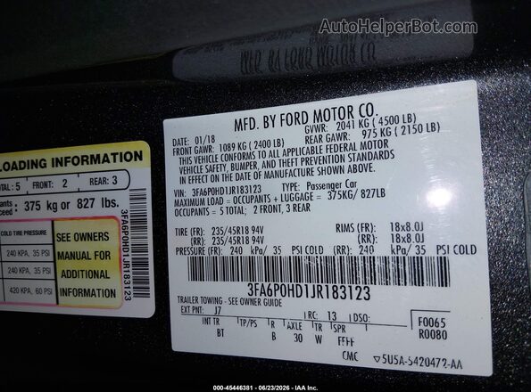 3FA6P0HD1JR183123 2018 FORD FUSION Gray ძრავის განყოფილების ხედი