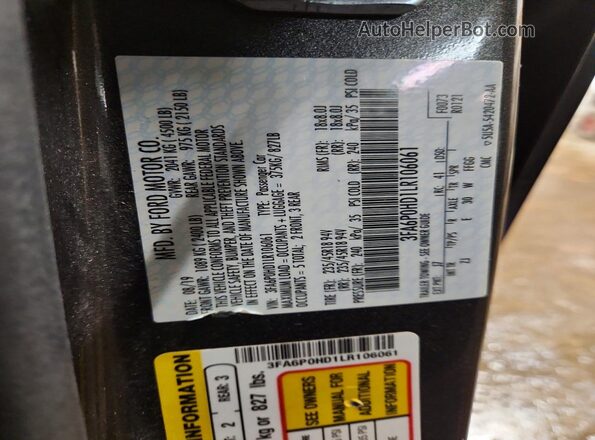 3FA6P0HD1LR106061 2020 FORD FUSION Gray Вид наклейки з VIN-кодом