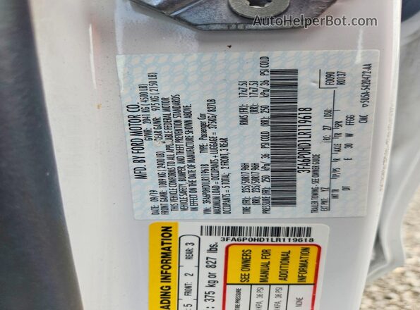 3FA6P0HD1LR119618 2020 FORD FUSION White 