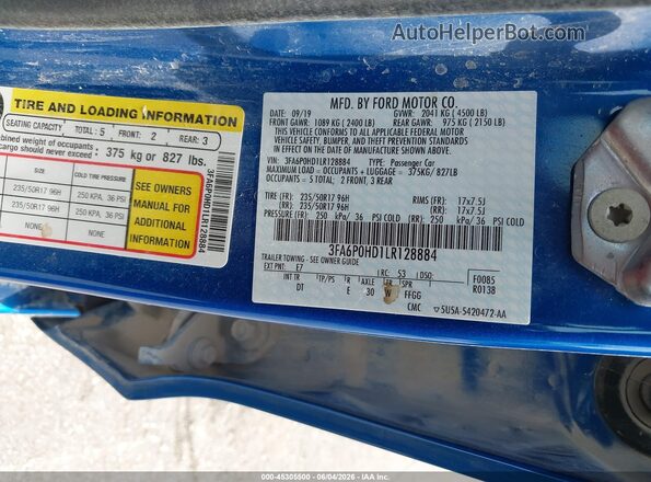3FA6P0HD1LR128884 2020 FORD FUSION Blue Widok komory silnika