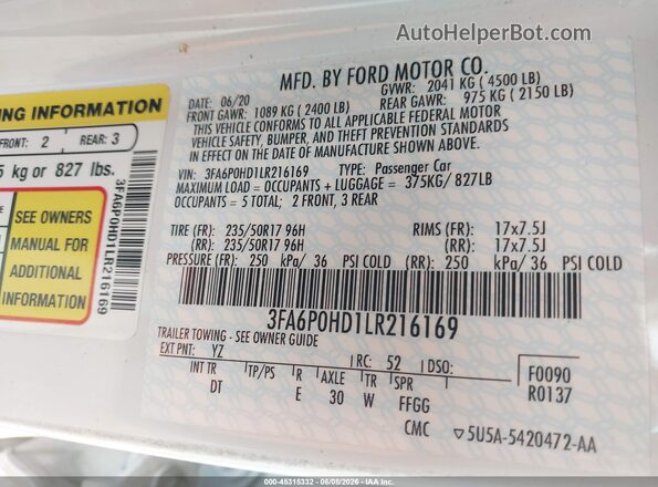 3FA6P0HD1LR216169 2020 FORD FUSION White ძრავის განყოფილების ხედი