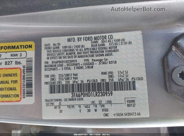 3FA6P0HD1LR230959 2020 FORD FUSION Silver Շարժիչի բաժամունքի տեսք