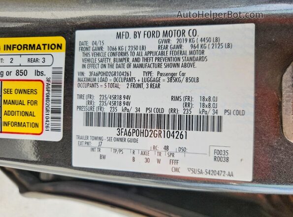 3FA6P0HD2GR104261 2016 FORD FUSION Gray Շարժիչի բաժամունքի տեսք