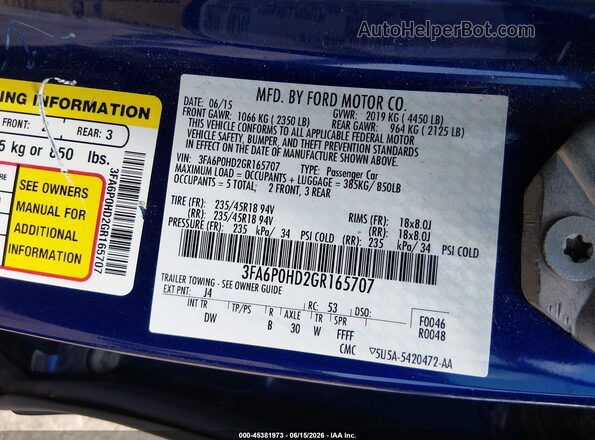 3FA6P0HD2GR165707 2016 FORD FUSION Blue Engine compartment view