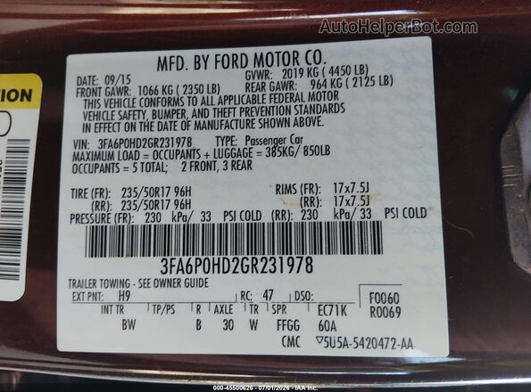 3FA6P0HD2GR231978 2016 FORD FUSION Maroon Engine compartment view