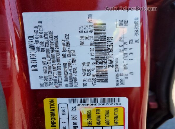 3FA6P0HD2GR282798 2016 FORD FUSION Red Vista del compartimento del motor