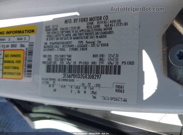 3FA6P0HD2GR308297 2016 FORD FUSION White Engine compartment view