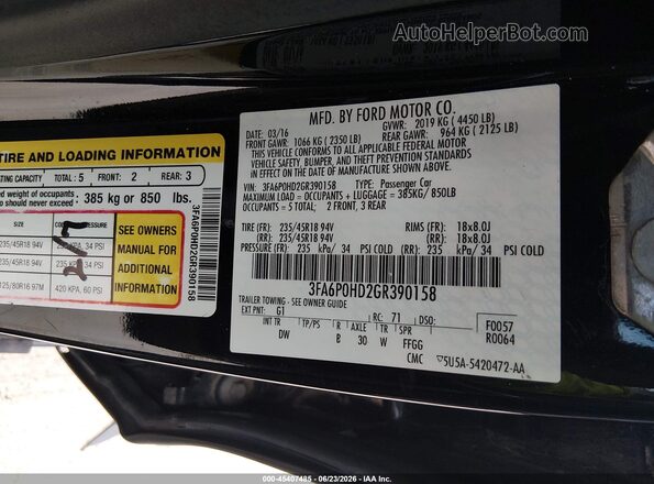 3FA6P0HD2GR390158 2016 FORD FUSION Black Engine compartment view