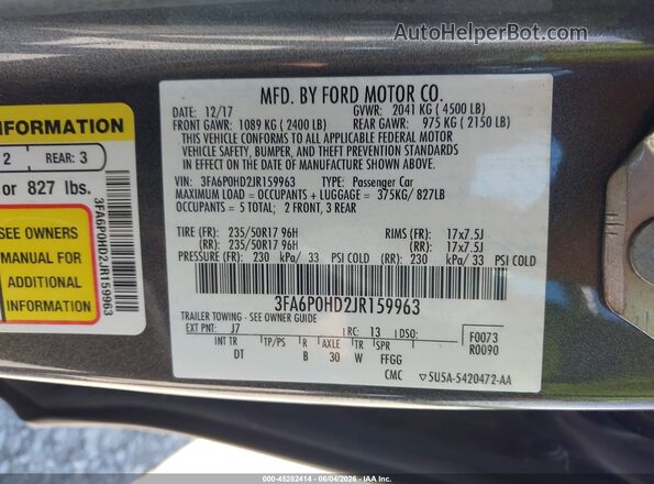 3FA6P0HD2JR159963 2018 FORD FUSION Gray Widok komory silnika