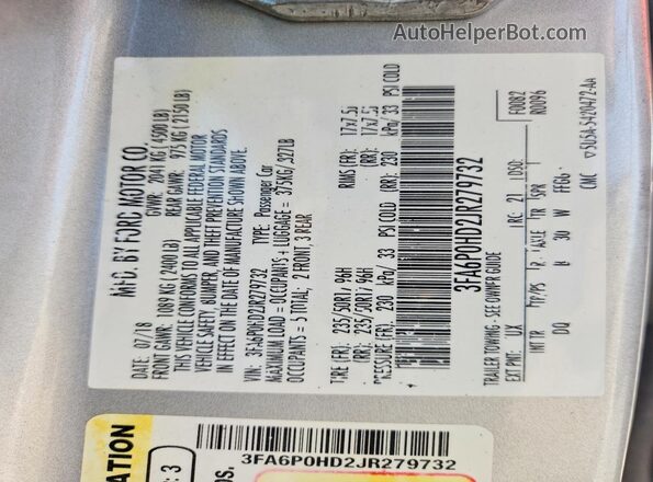 3FA6P0HD2JR279732 2018 FORD FUSION Silver Շարժիչի բաժամունքի տեսք