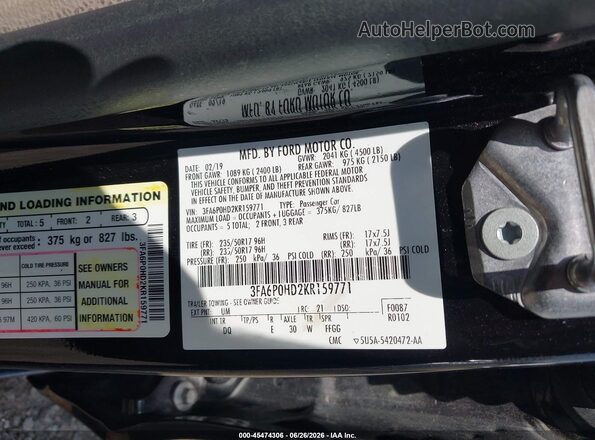 3FA6P0HD2KR159771 2019 FORD FUSION Black Widok komory silnika