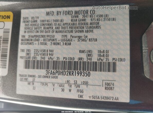 3FA6P0HD2KR199350 2019 FORD FUSION Gray Շարժիչի բաժամունքի տեսք