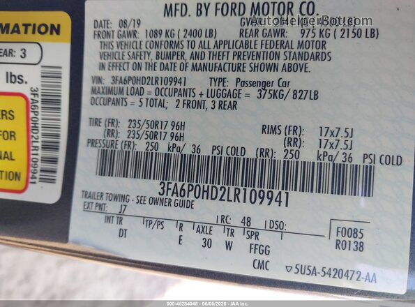 3FA6P0HD2LR109941 2020 FORD FUSION Gray ძრავის განყოფილების ხედი