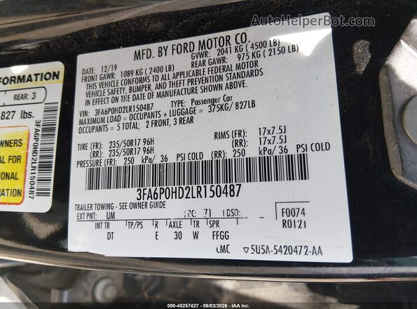 3FA6P0HD2LR150487 2020 FORD FUSION Black ძრავის განყოფილების ხედი
