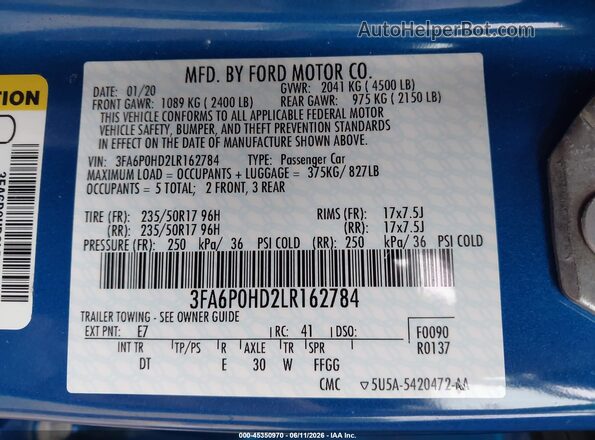 3FA6P0HD2LR162784 2020 FORD FUSION Blue Engine compartment view