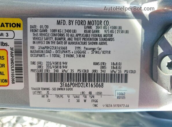 3FA6P0HD2LR165068 2020 FORD FUSION Silver VIN sticker view