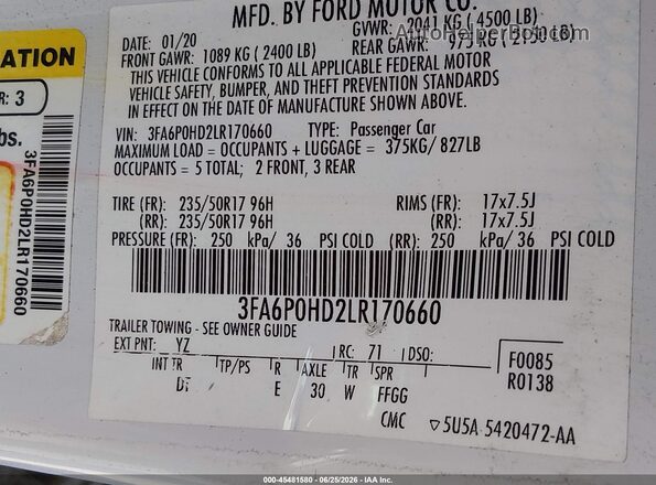 3FA6P0HD2LR170660 2020 FORD FUSION White ძრავის განყოფილების ხედი