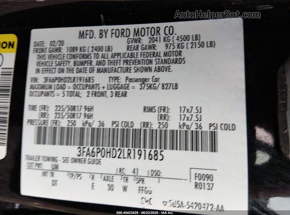 3FA6P0HD2LR191685 2020 FORD FUSION Black Շարժիչի բաժամունքի տեսք