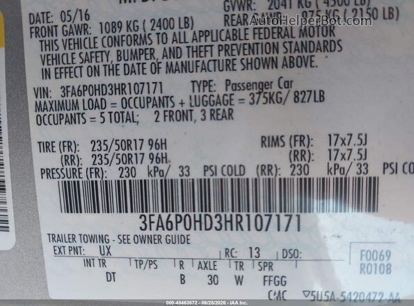 3FA6P0HD3HR107171 2017 FORD FUSION Серебряный Вид подкапотного пространства