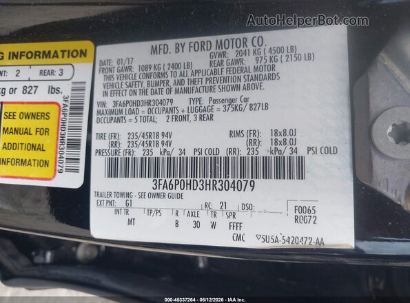 3FA6P0HD3HR304079 2017 FORD FUSION Black 