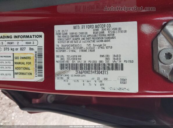 3FA6P0HD3HR304213 2017 FORD FUSION Red Engine compartment view