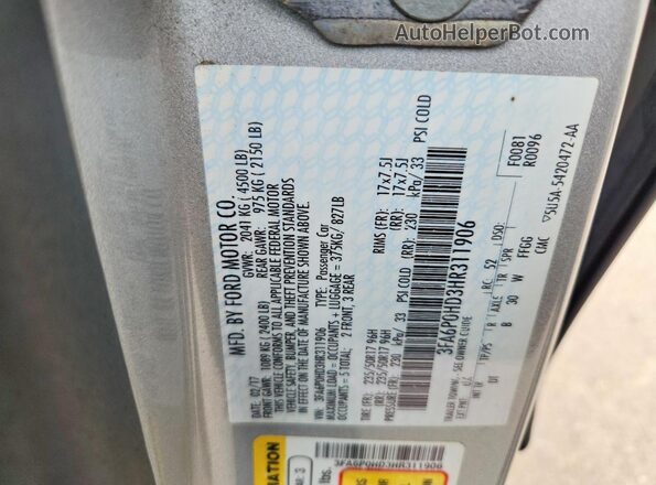 3FA6P0HD3HR311906 2017 FORD FUSION Silver Շարժիչի բաժամունքի տեսք