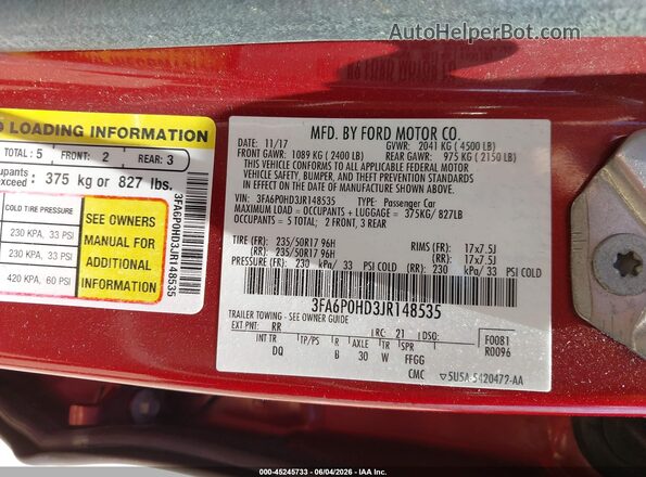 3FA6P0HD3JR148535 2018 FORD FUSION Red Вид підкапотного простору