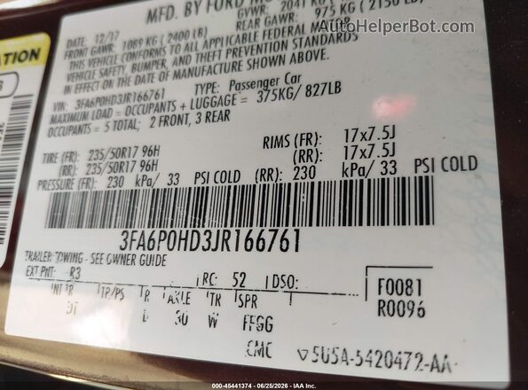 3FA6P0HD3JR166761 2018 FORD FUSION Бордовый Вид подкапотного пространства
