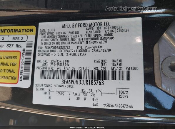 3FA6P0HD3JR185763 2018 FORD FUSION Черный Вид подкапотного пространства