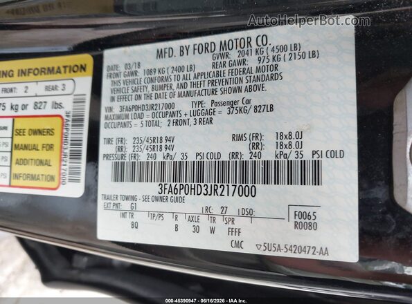 3FA6P0HD3JR217000 2018 FORD FUSION Black Engine compartment view