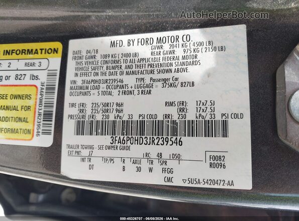 3FA6P0HD3JR239546 2018 FORD FUSION Gray Engine compartment view