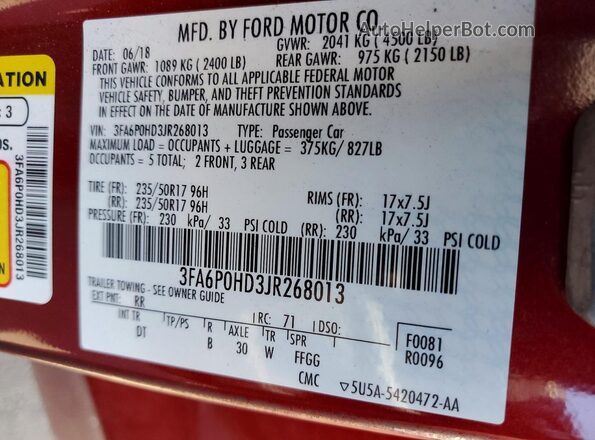 3FA6P0HD3JR268013 2018 FORD FUSION Red 