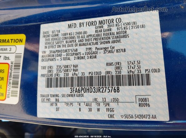3FA6P0HD3JR275768 2018 FORD FUSION Blue Engine compartment view