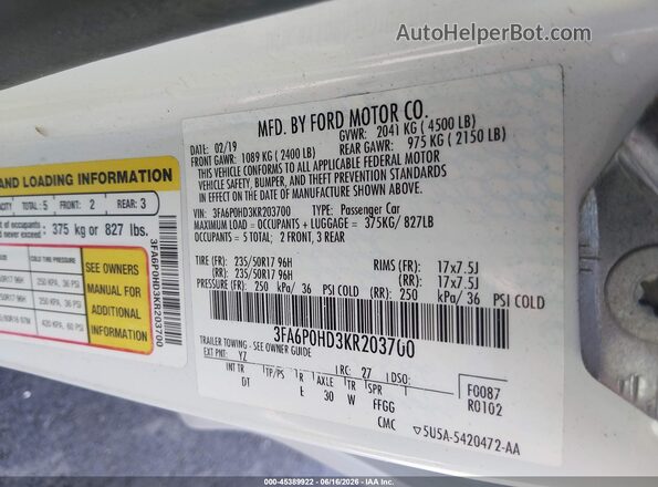 3FA6P0HD3KR203700 2019 FORD FUSION White Widok komory silnika
