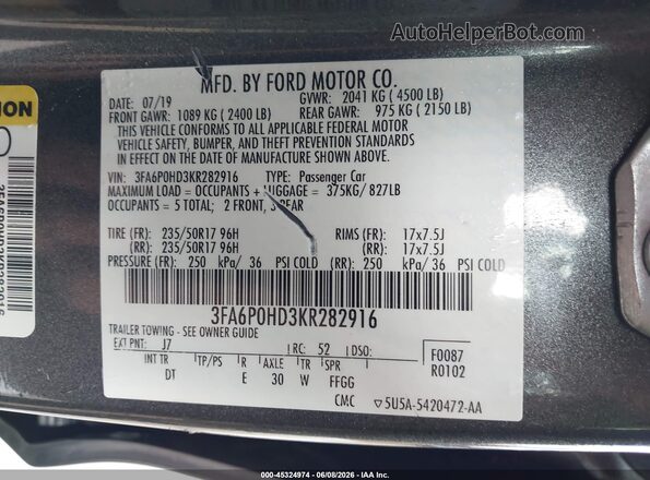 3FA6P0HD3KR282916 2019 FORD FUSION Gray Widok komory silnika