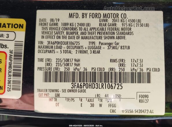 3FA6P0HD3LR106725 2020 FORD FUSION Black Widok komory silnika
