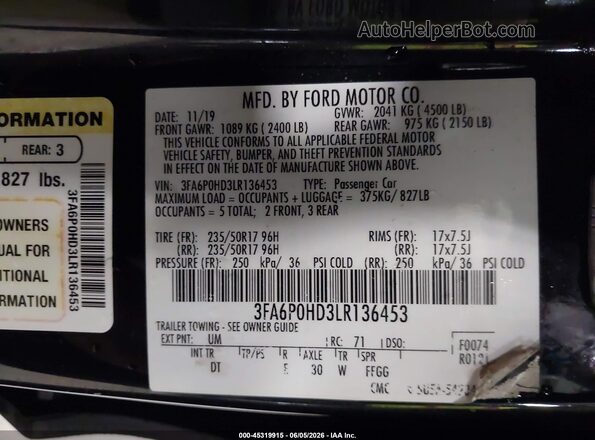 3FA6P0HD3LR136453 2020 FORD FUSION Black ძრავის განყოფილების ხედი
