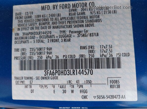 3FA6P0HD3LR144570 2020 FORD FUSION Blue Vista del compartimento del motor