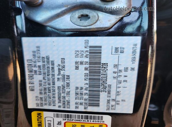 3FA6P0HD3LR145928 2020 FORD FUSION Black 