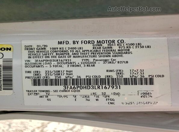 3FA6P0HD3LR167931 2020 FORD FUSION White Widok komory silnika
