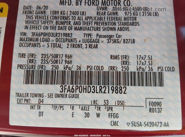 3FA6P0HD3LR219882 2020 FORD FUSION Красный Вид подкапотного пространства