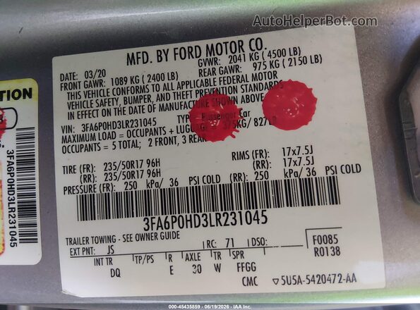 3FA6P0HD3LR231045 2020 FORD FUSION Silver Vista del compartimento del motor