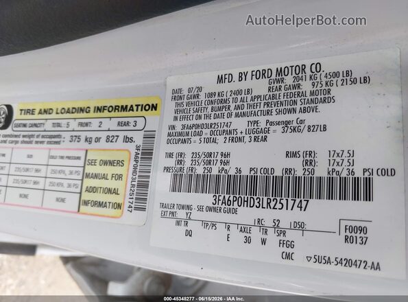 3FA6P0HD3LR251747 2020 FORD FUSION White Engine compartment view