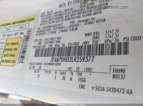 3FA6P0HD3LR259377 2020 FORD FUSION White Vista del compartimento del motor