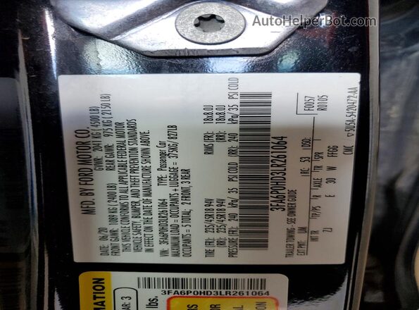 3FA6P0HD3LR261064 2020 FORD FUSION Black Вид підкапотного простору