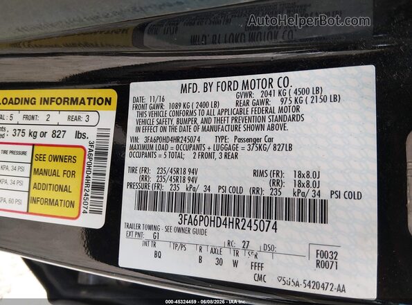 3FA6P0HD4HR245074 2017 FORD FUSION Black Vista del compartimento del motor