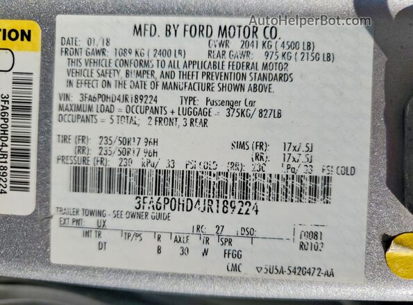 3FA6P0HD4JR189224 2018 FORD FUSION Silver Vista de la etiqueta del VIN