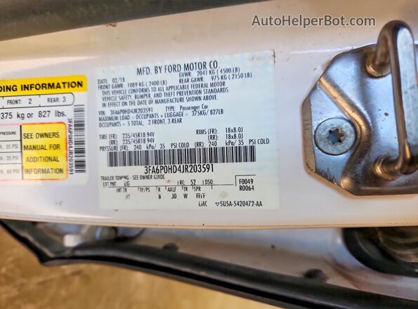 3FA6P0HD4JR203591 2018 FORD FUSION White 